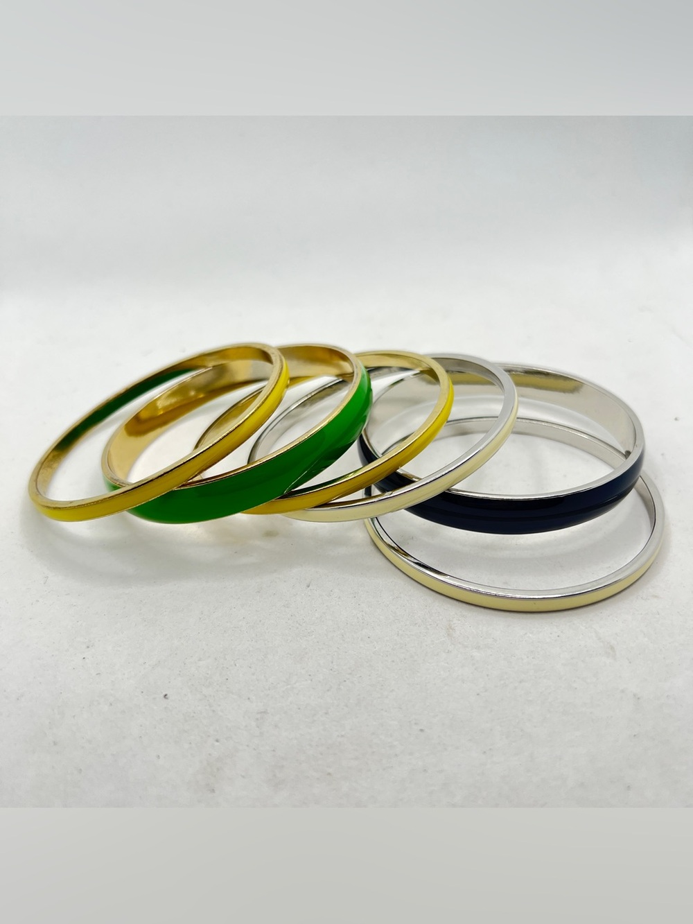 Classic Enamel and Metal Bangle Bracelet Set - Green, Yellow, Black